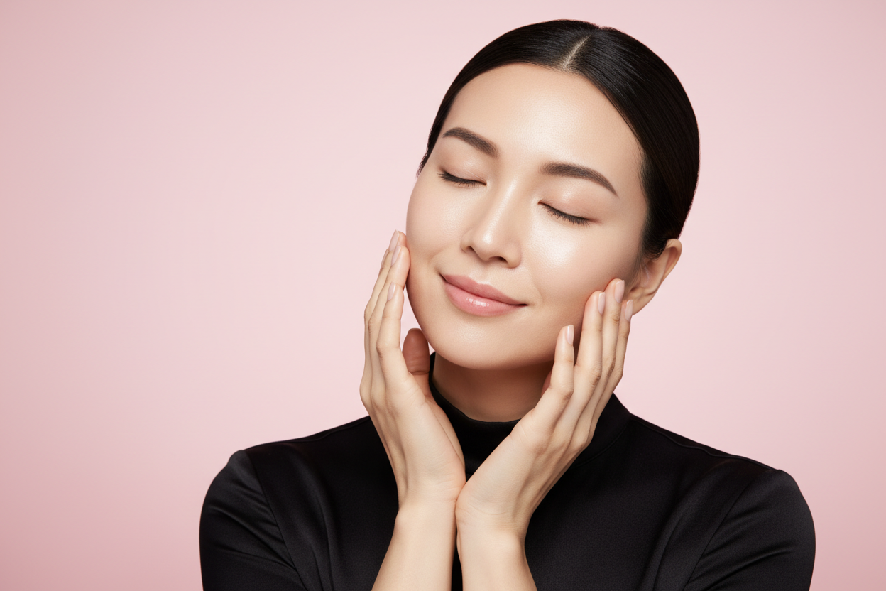 a woman in a pink blackground, black style showing her skin after skincare.