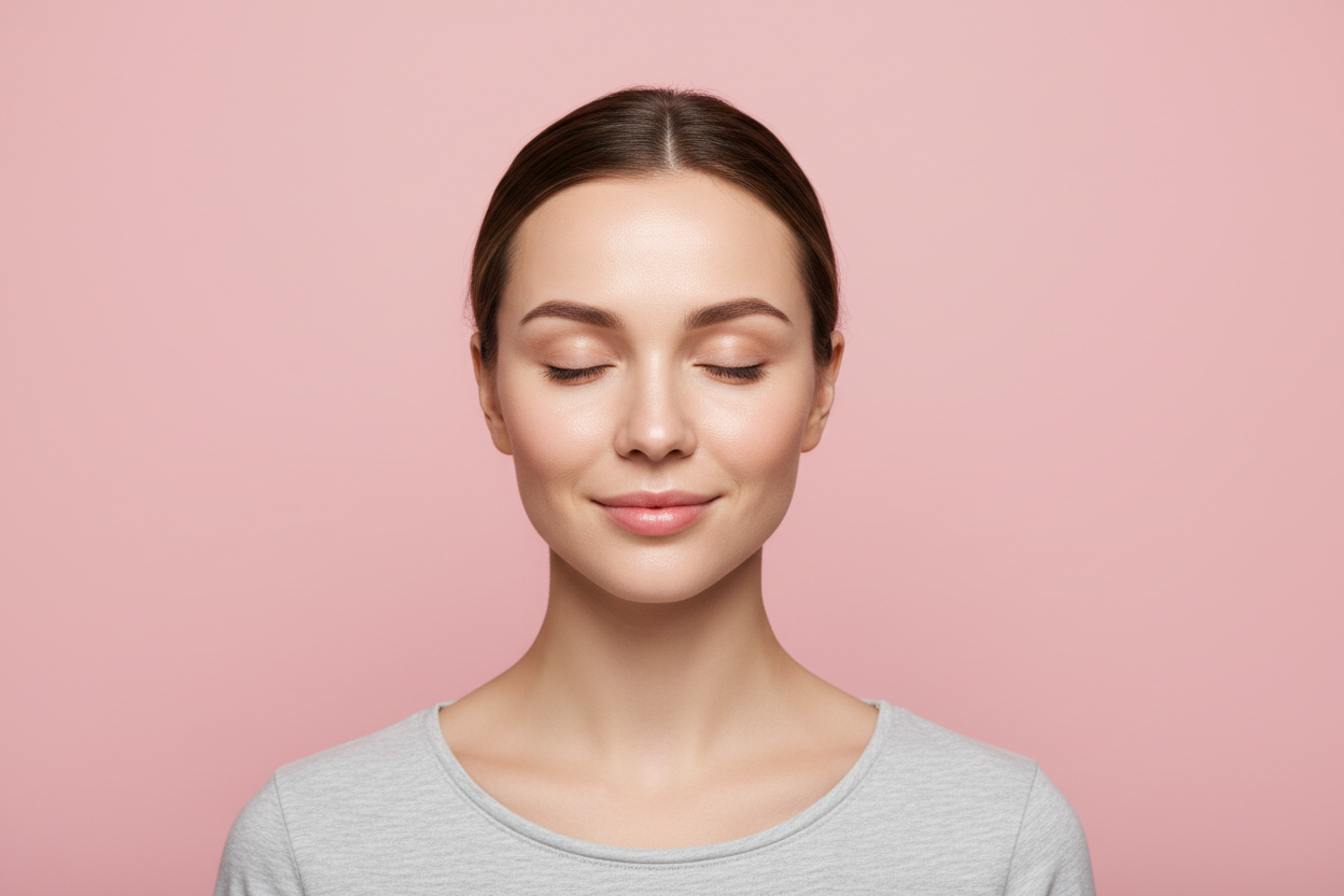 a woman in a pink blackground, sweedish style showing her skin after skincare.