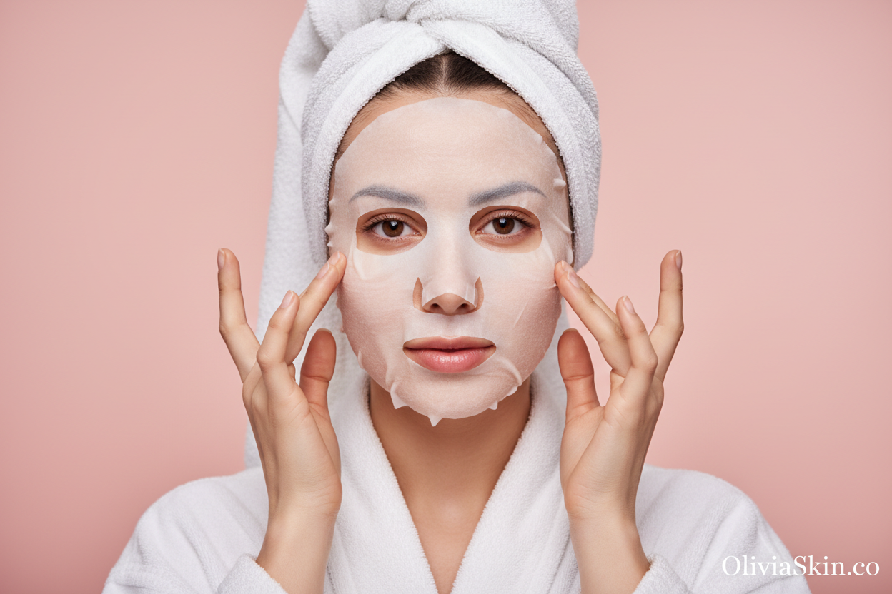 Ultra-realistic beauty close-up of a young woman carefully applying a white sheet mask to her face, standing in front of a soft rosy-pink background. She holds the bottom edge of the mask with delicate fingers as she adjusts it over her cheeks. Her hair is wrapped in a white towel, and she wears a clean spa-style robe. Lighting is soft and diffused, highlighting hydrated skin and smooth facial contours. High-end editorial skincare style for OliviaSkin.co.
