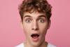 Ultra-realistic close-up of a surprised young man with a playful facial expression, standing against a bright pink background. His eyes wide open, eyebrows raised, mouth open in a humorous ‘wow’ reaction as if amazed by OliviaSkin products. Studio lighting, high detail, editorial-yet-fun beauty commercial style.